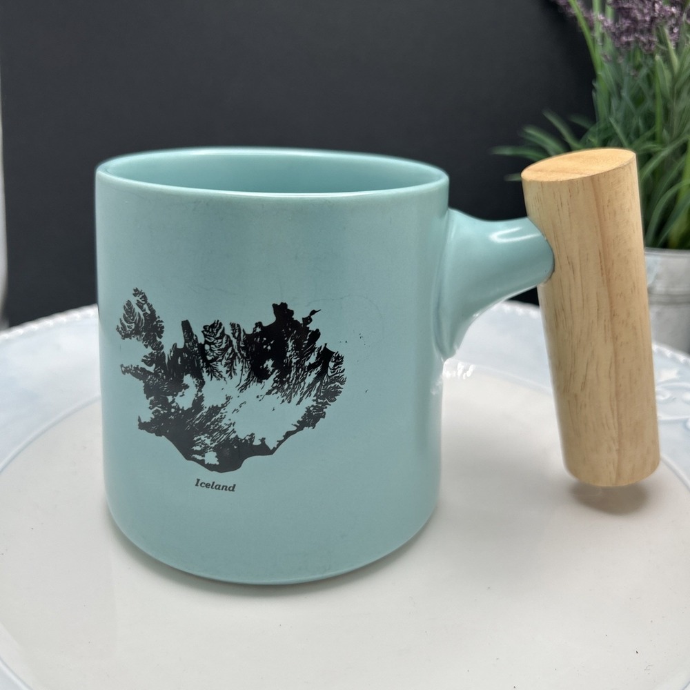Vintage Coffee Tea Soup Mug W/ Wood Handle Pottery Feel Iceland Map Blue 13.5 Oz